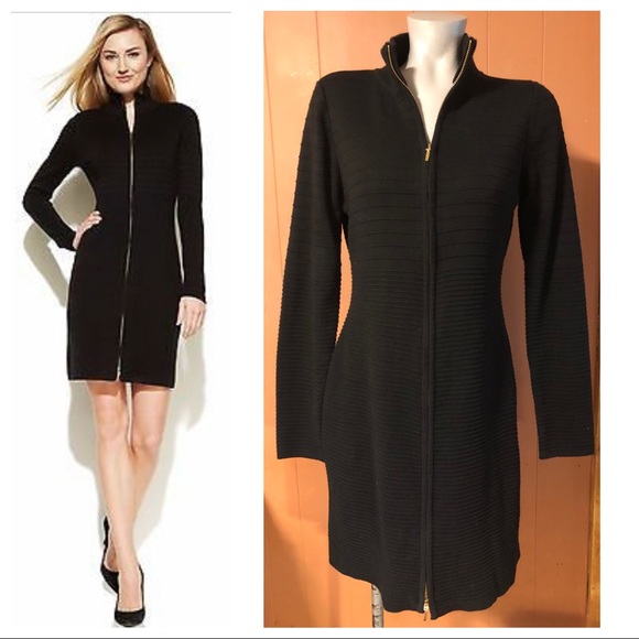 Calvin Klein Dresses & Skirts - Calvin Klein Black Zip Ribbed Sweater Dress, sz L